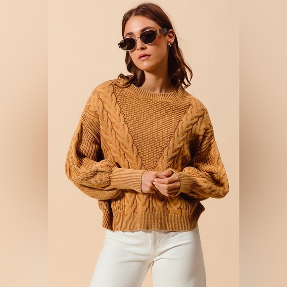 NWT So Me Camel Brown Mineral Washed Cable Knit Ribbed Boho Bubble Sweater XL - Picture 5 of 7
